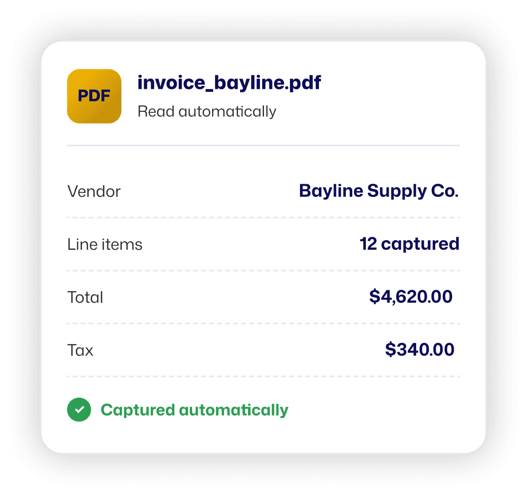 Invoice bayline PDF automatically captured with vendor, line items, total, and tax details
