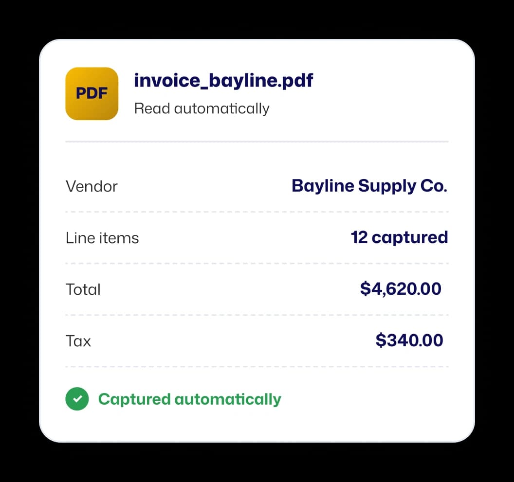 Invoice bayline PDF automatically captured with vendor, line items, total, and tax details