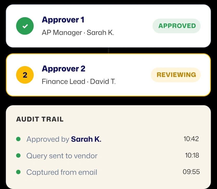 Approval workflow showing Sarah K approved, David T reviewing, and a full audit trail of bill actions