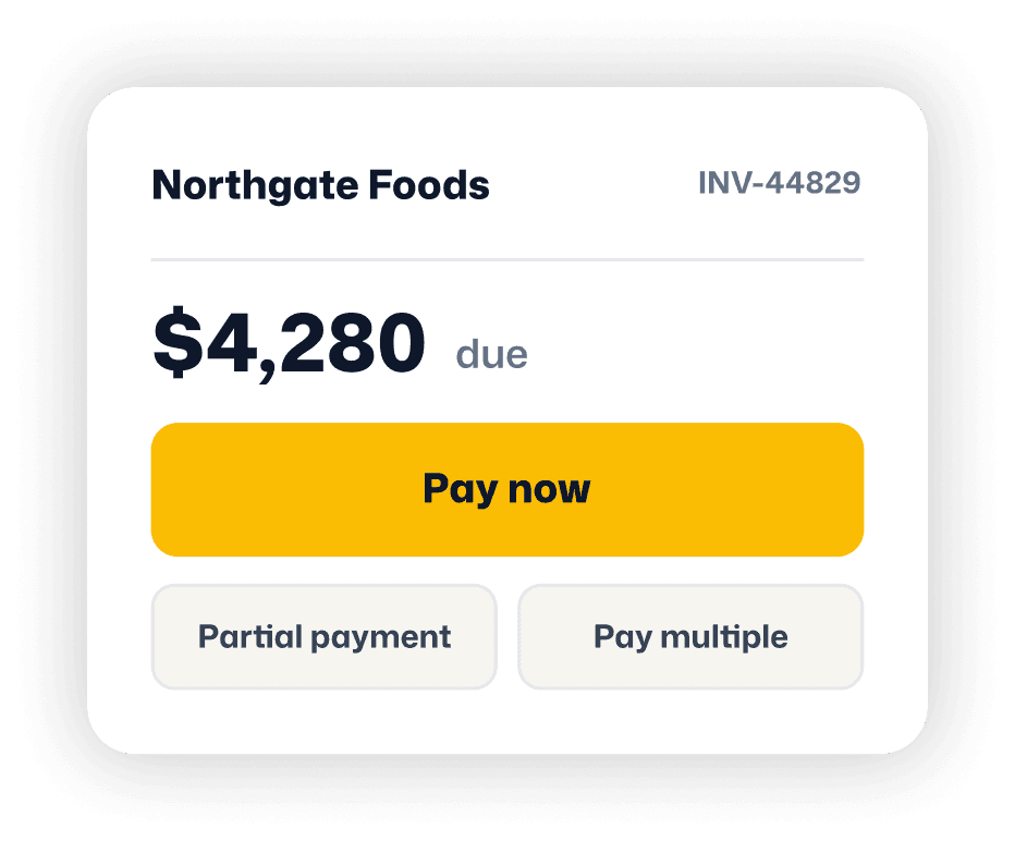 Customer payment request card showing invoice details, amount due, and pay options