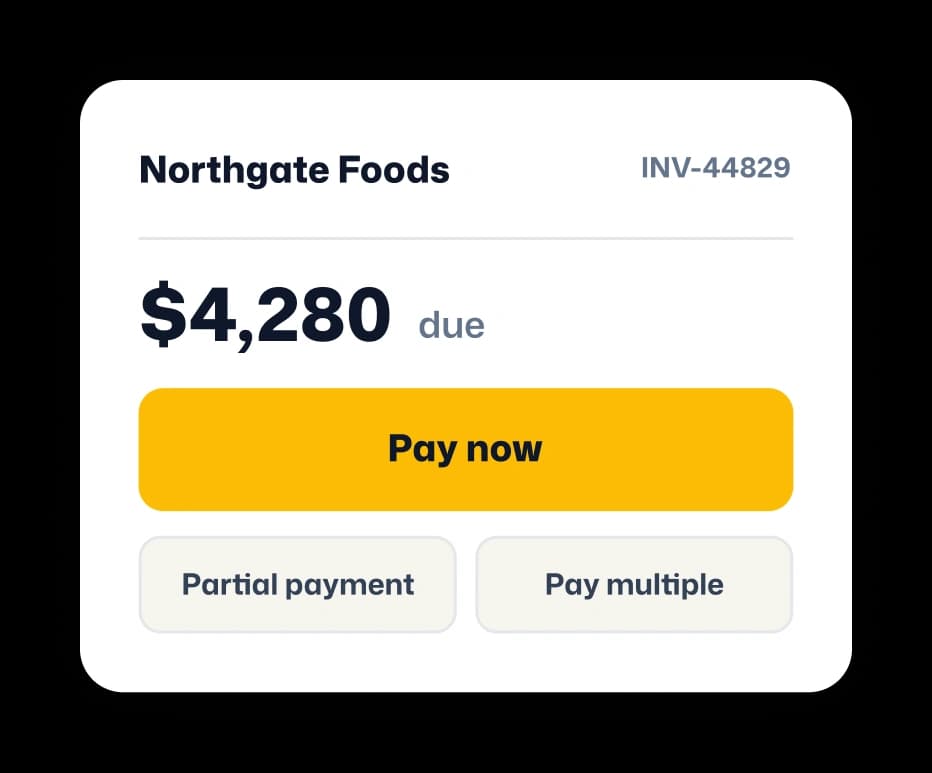 Customer payment request card showing invoice details, amount due, and pay options