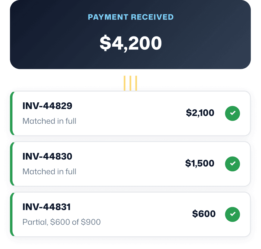 Payment received view showing allocation across multiple invoices with matched amounts