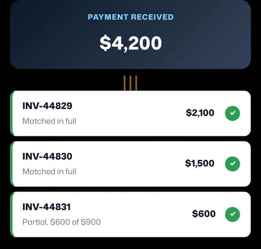 Payment received view showing allocation across multiple invoices with matched amounts