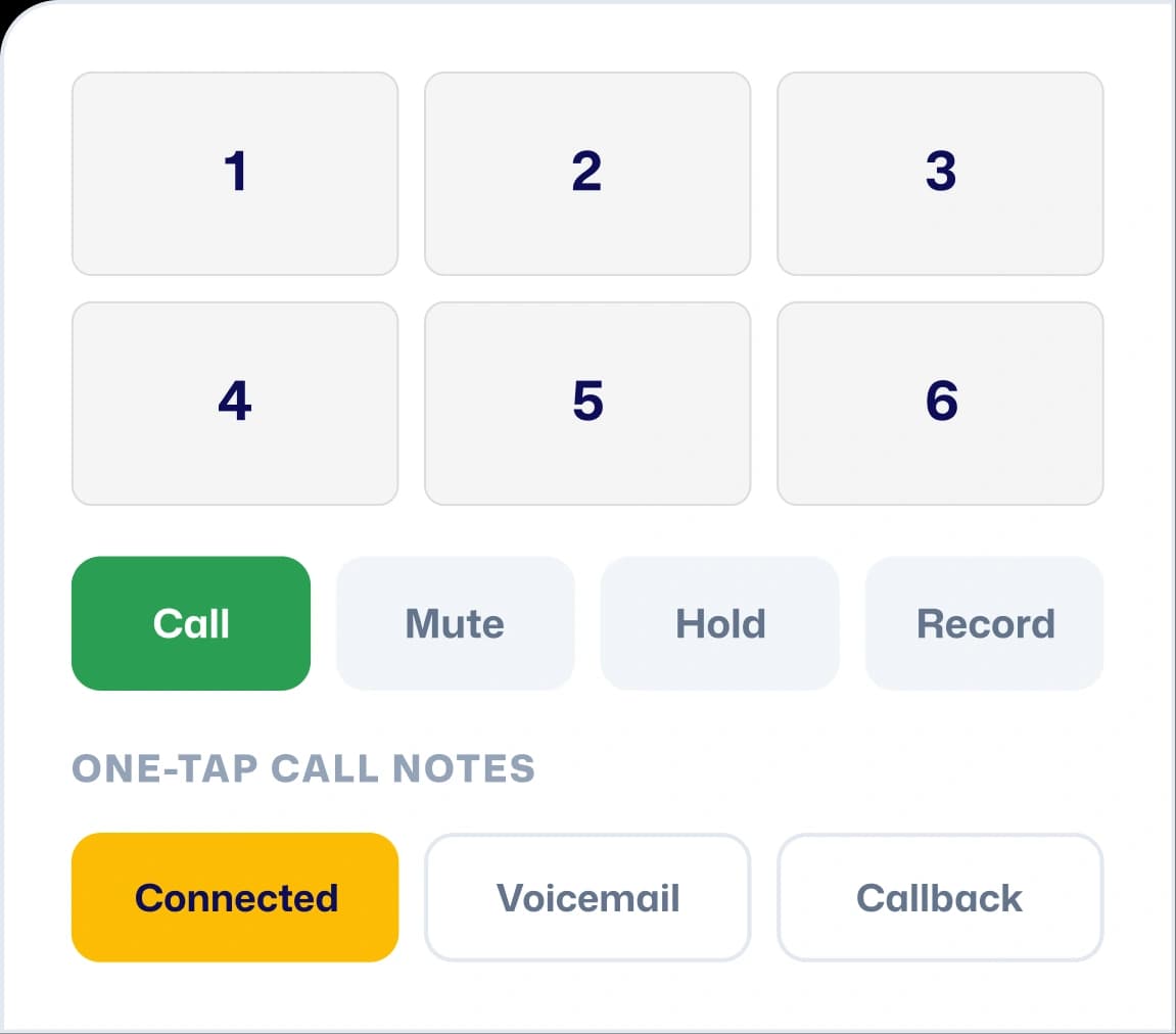 ArcDialer single-screen dialer with keypad, call controls, and one-tap call notes for connected, voicemail, and callback