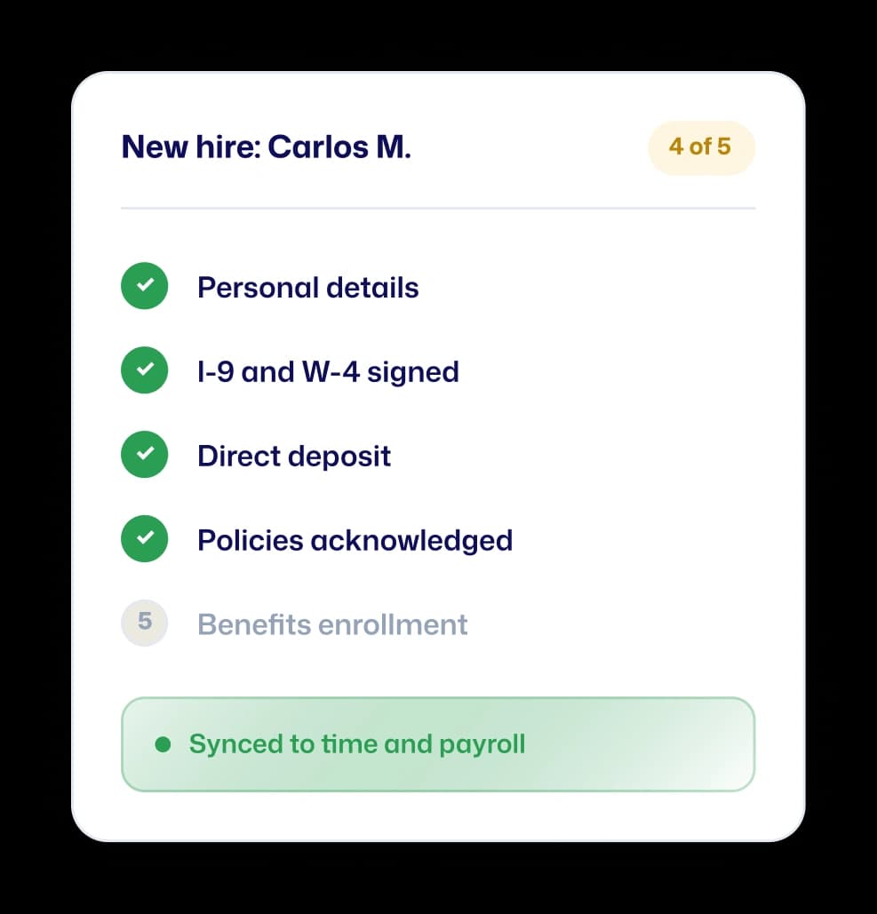 New hire onboarding checklist for Carlos M showing four of five steps complete and synced to time and payroll