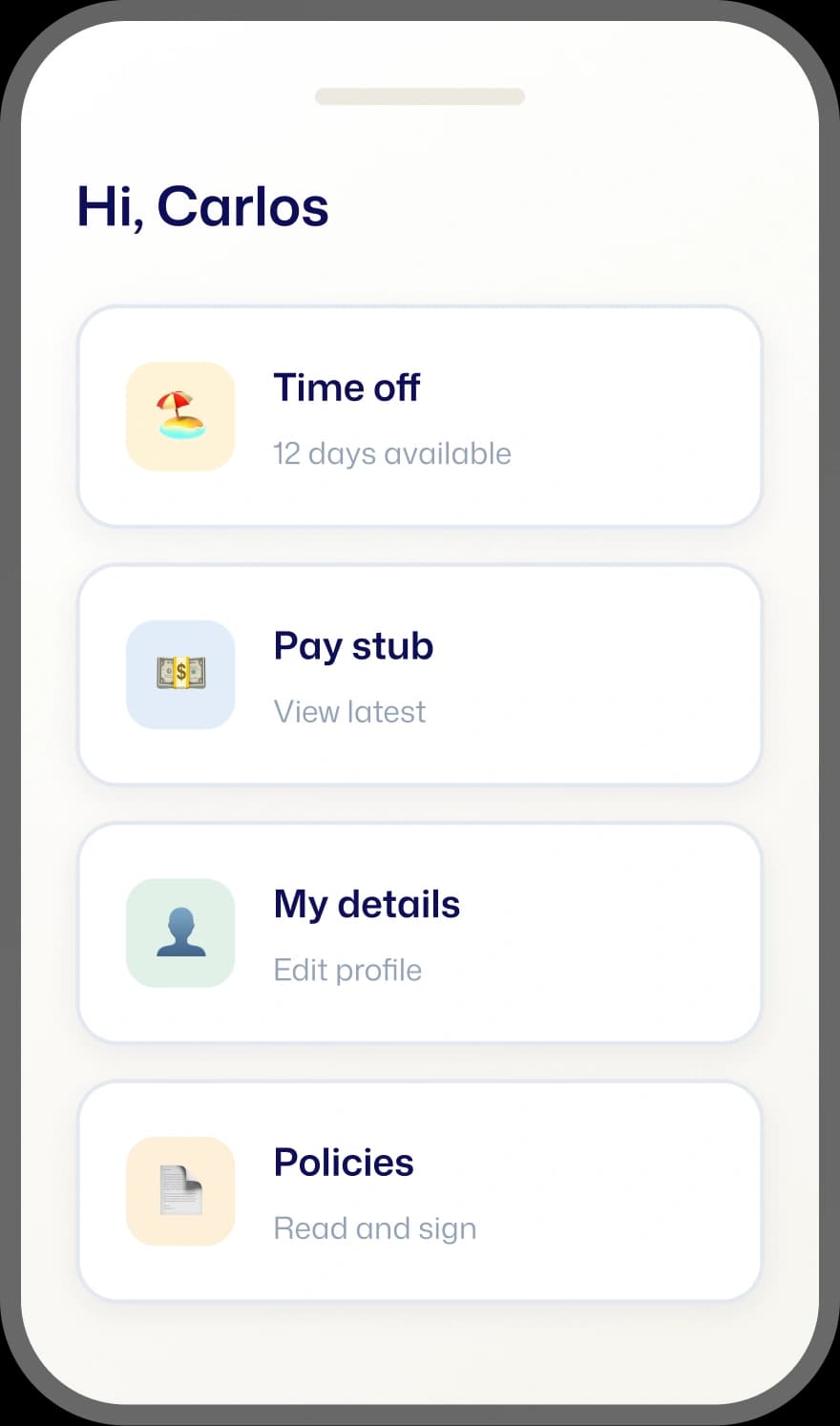ArcHRM mobile self-service showing time off, pay stub, my details, and policies for Carlos