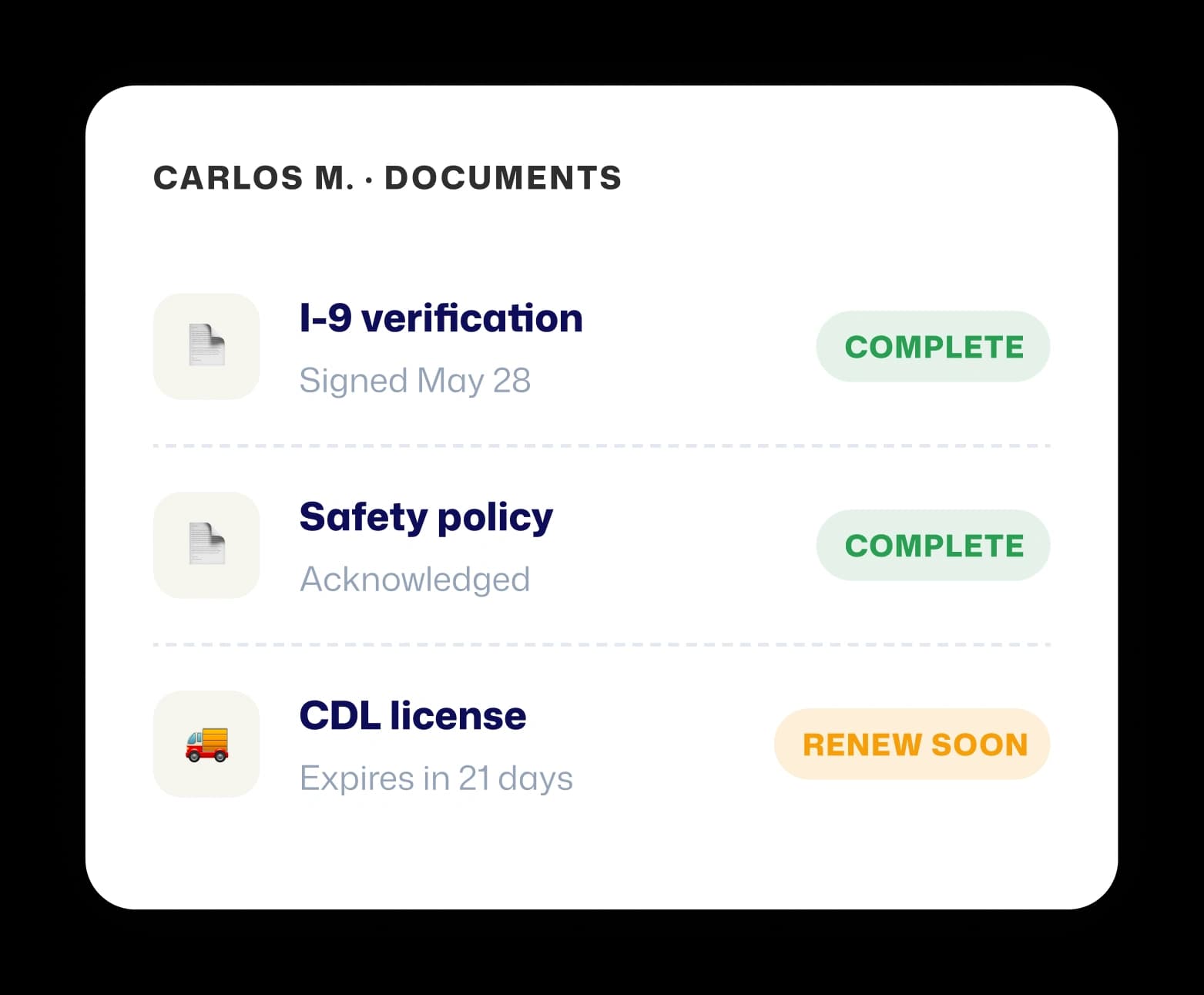 Employee documents list showing I-9 verification and safety policy complete, and CDL license renewing soon