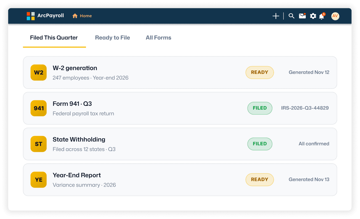 ArcPayroll forms and e-filing dashboard showing quarterly filing status and common tax forms with ready and filed states