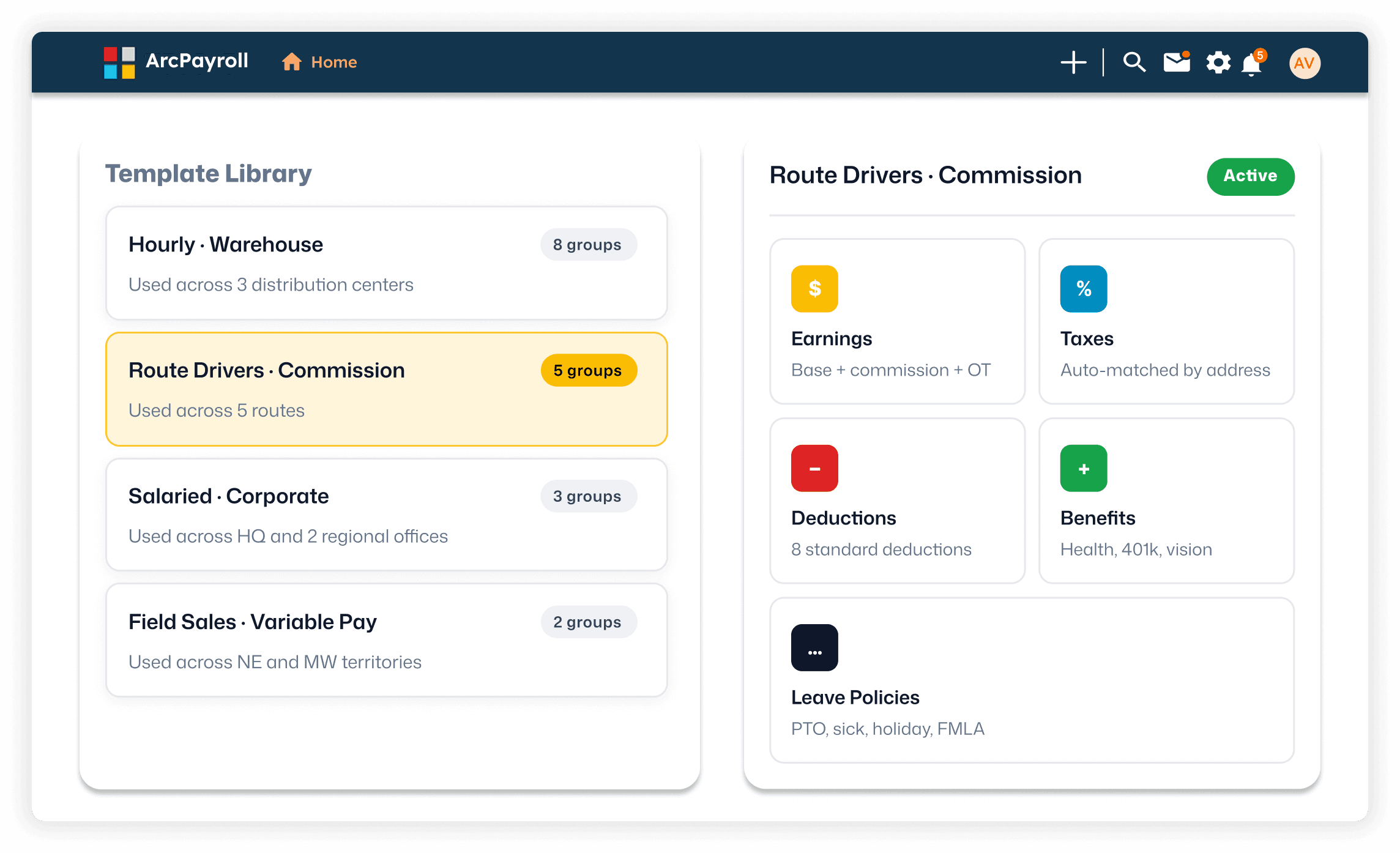 ArcPayroll template library showing route driver, warehouse, corporate, and field sales pay templates with earnings, taxes, deductions, and benefits configuration
