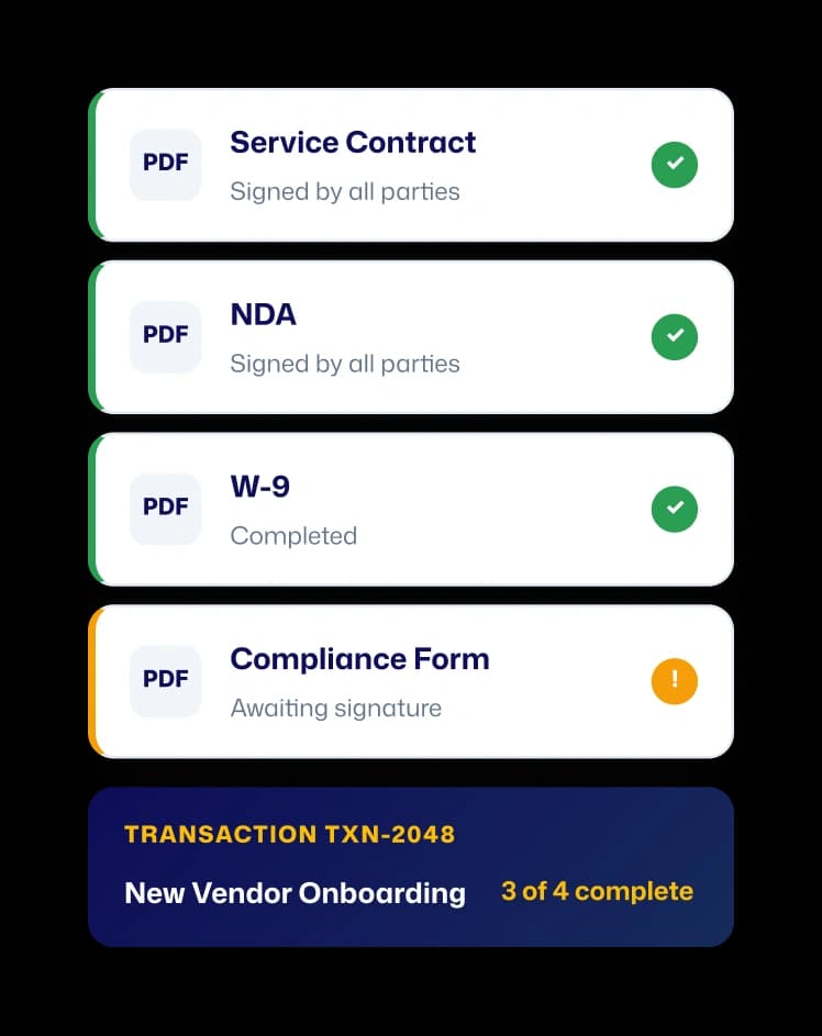 New vendor onboarding transaction showing service contract, NDA, W-9, and compliance form completion status