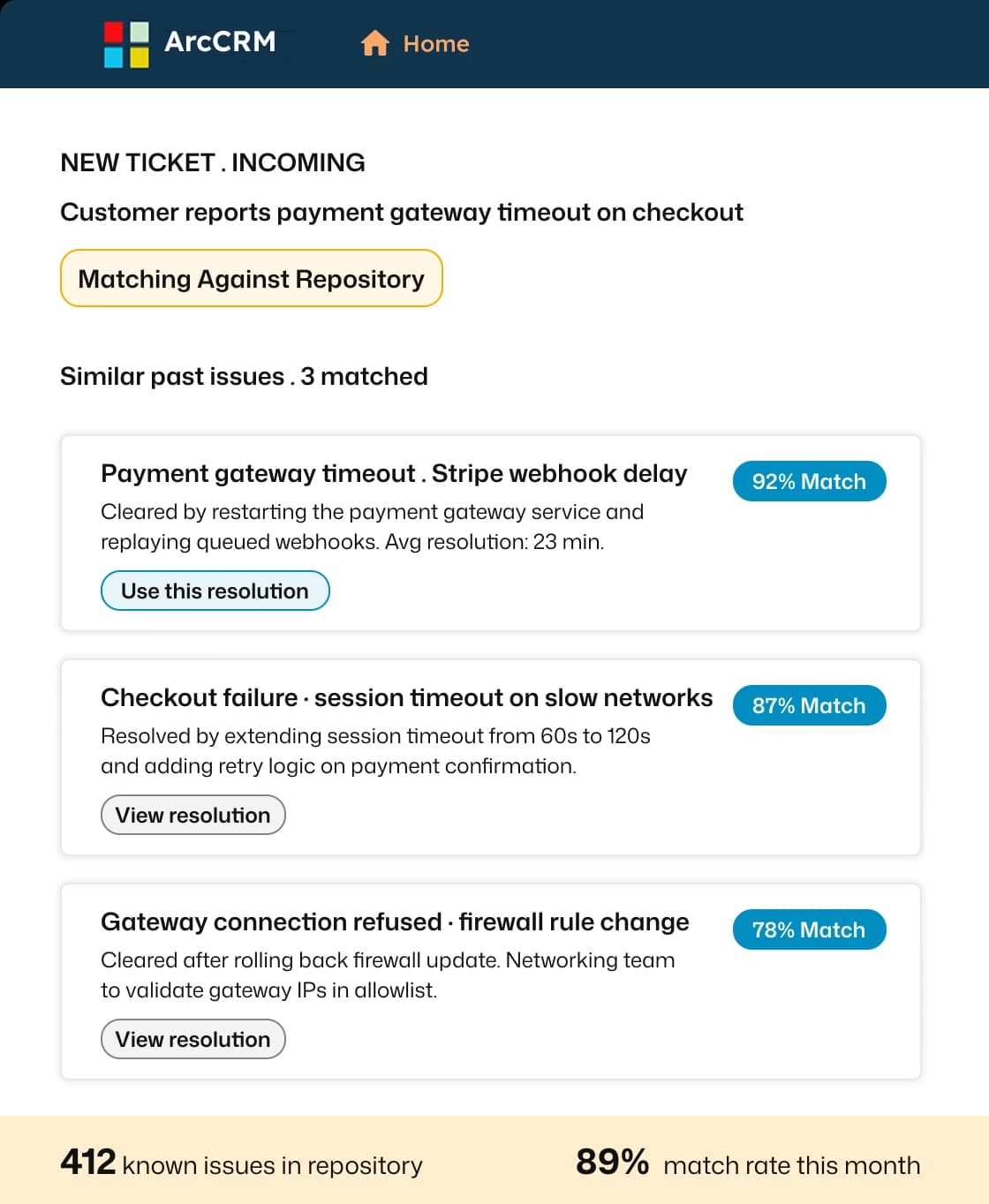 ArcTicket Issue Repository matching a new payment gateway timeout ticket against similar past issues with resolution recommendations