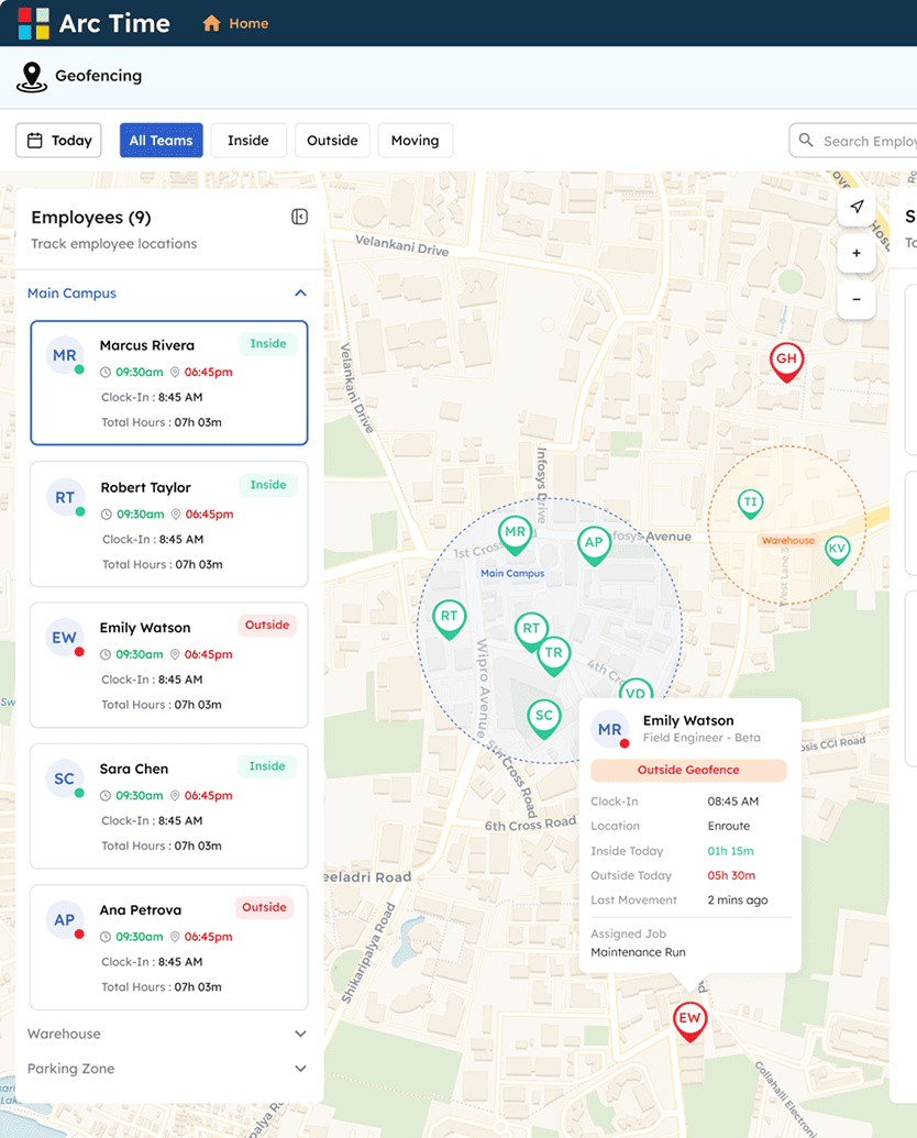 ArcTime geofencing dashboard with employee locations and map view