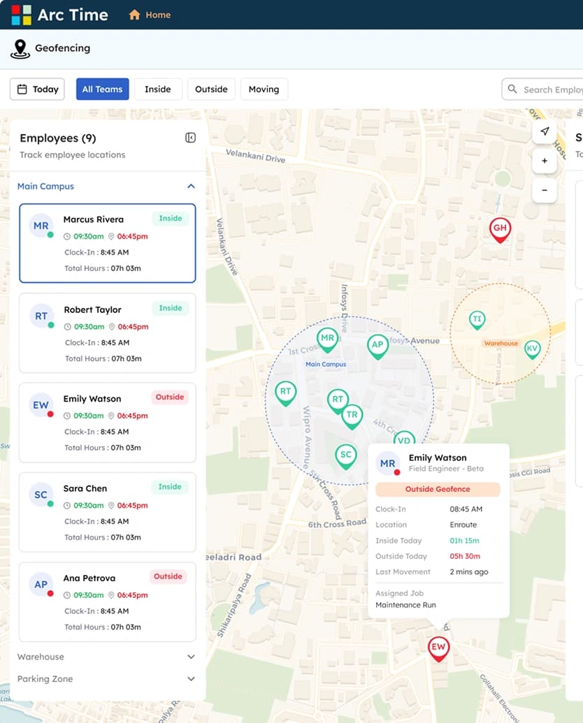 ArcTime geofencing dashboard with employee locations and map view