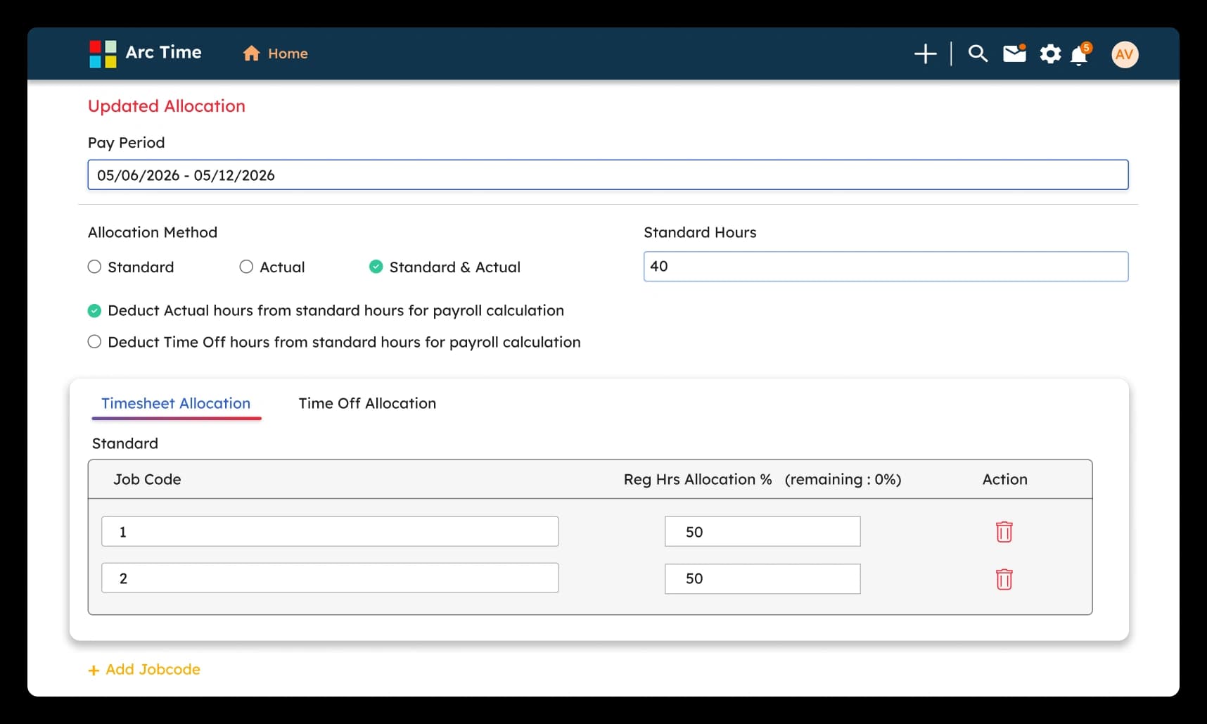 ArcTime allocation settings screen showing pay period, allocation method, and job code allocation percentages