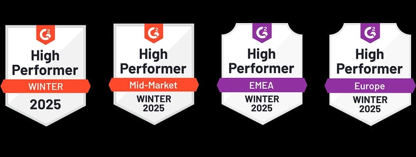 G2 High Performer Winter 2025 badges for Mid-Market, EMEA, and Europe