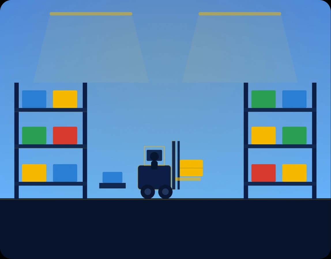 Warehouse illustration with a forklift lifting a yellow crate between storage racks