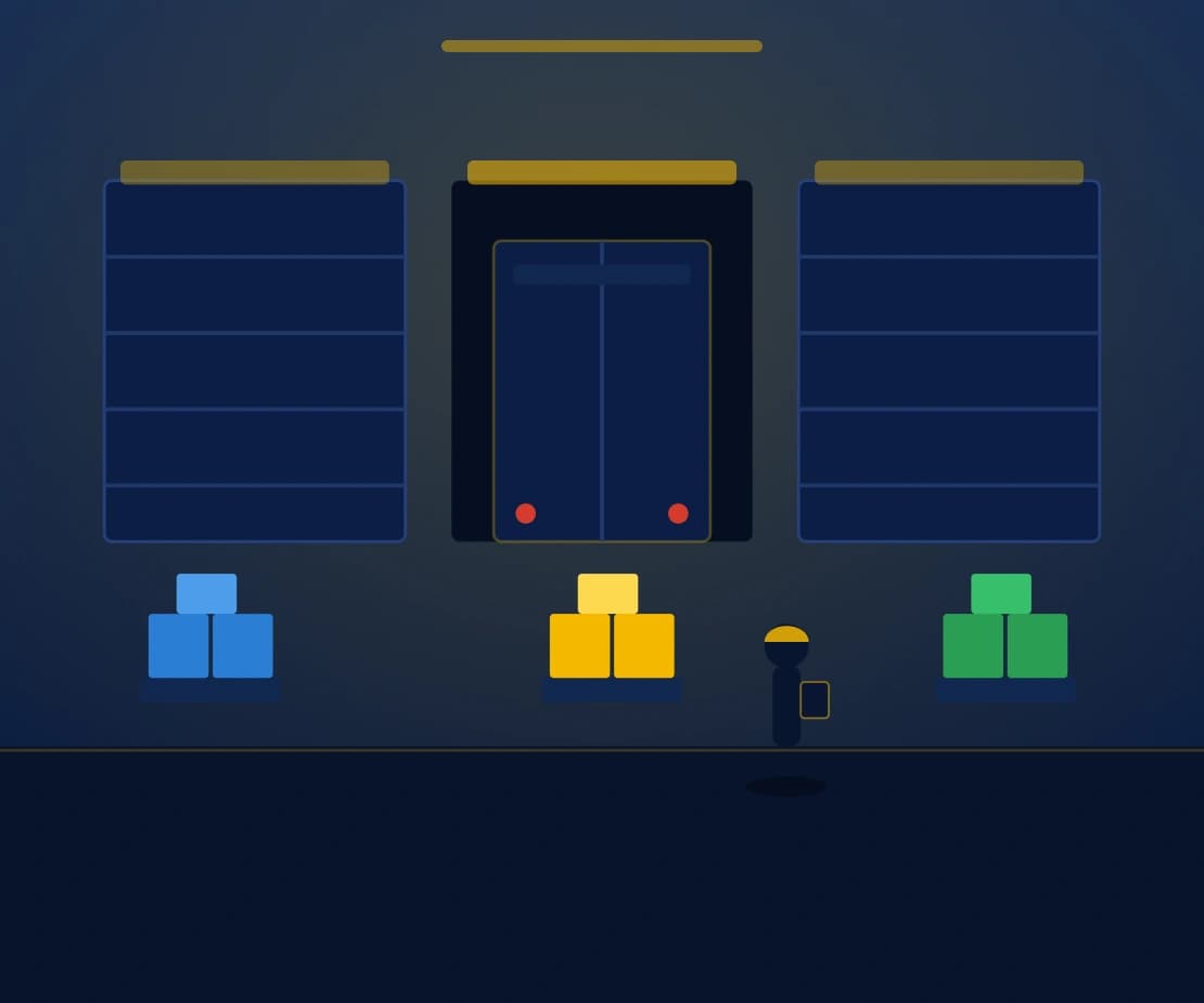 Warehouse bays with stacked crates and a worker scanning inventory