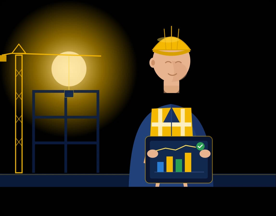 Construction worker reviewing a live job-cost dashboard on a tablet at a job site