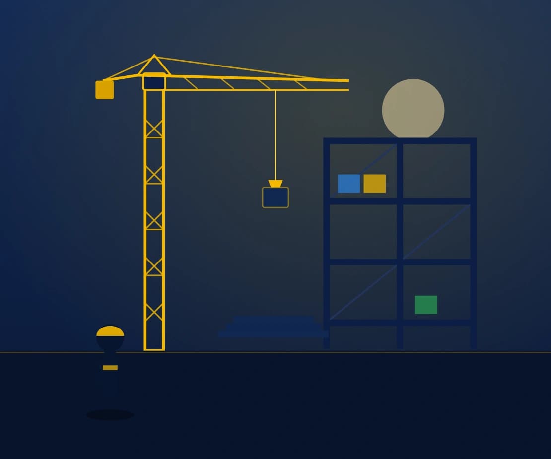 Construction site illustration with a crane, building frame, and worker