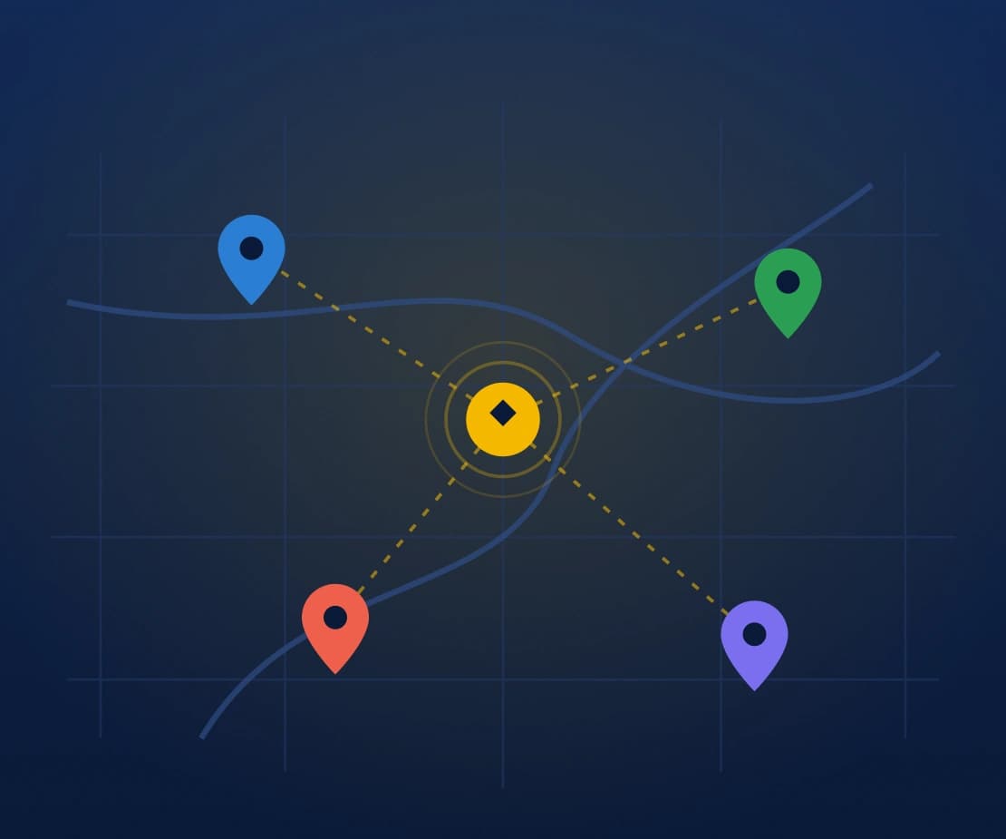 Map of field technicians connected from a central dispatch hub