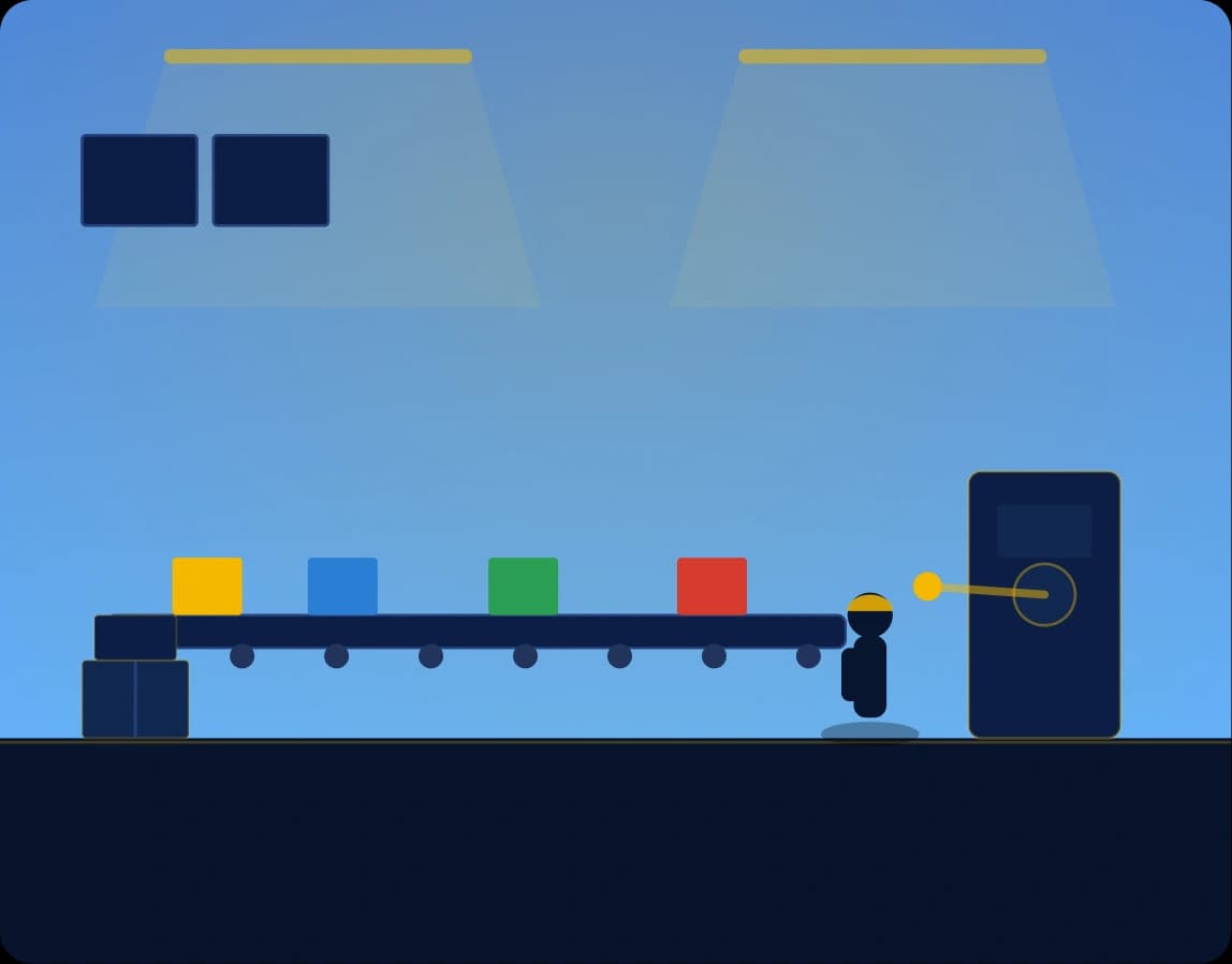 Factory conveyor line with a worker at the end of the belt