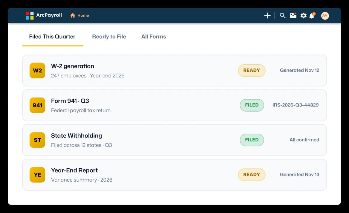 ArcPayroll forms and e-filing dashboard showing quarterly filing status and common tax forms with ready and filed states