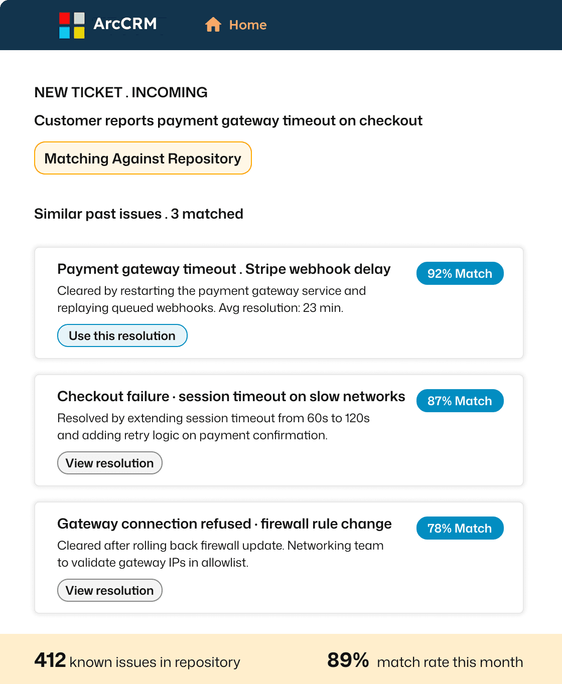 ArcTicket Issue Repository matching a new payment gateway timeout ticket against similar past issues with resolution recommendations
