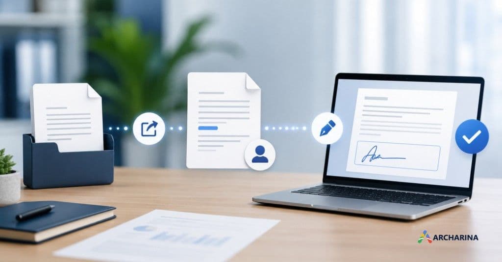 ArcSign document signing workflow from paper documents to a completed electronic signature on a laptop